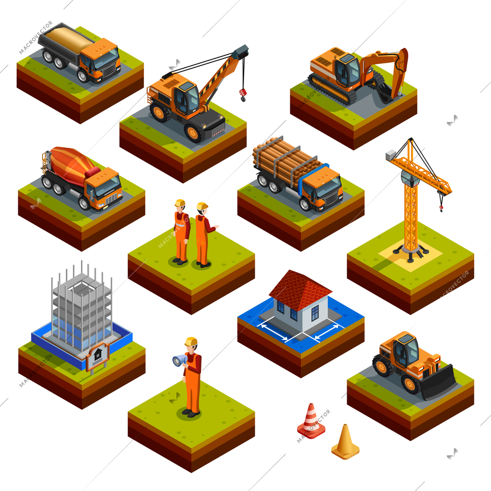 Construction isometric isolated icons with workers in helmets and uniforms building object crane bulldozer  truck concrete mixer and other vehicles isolated vector illustration