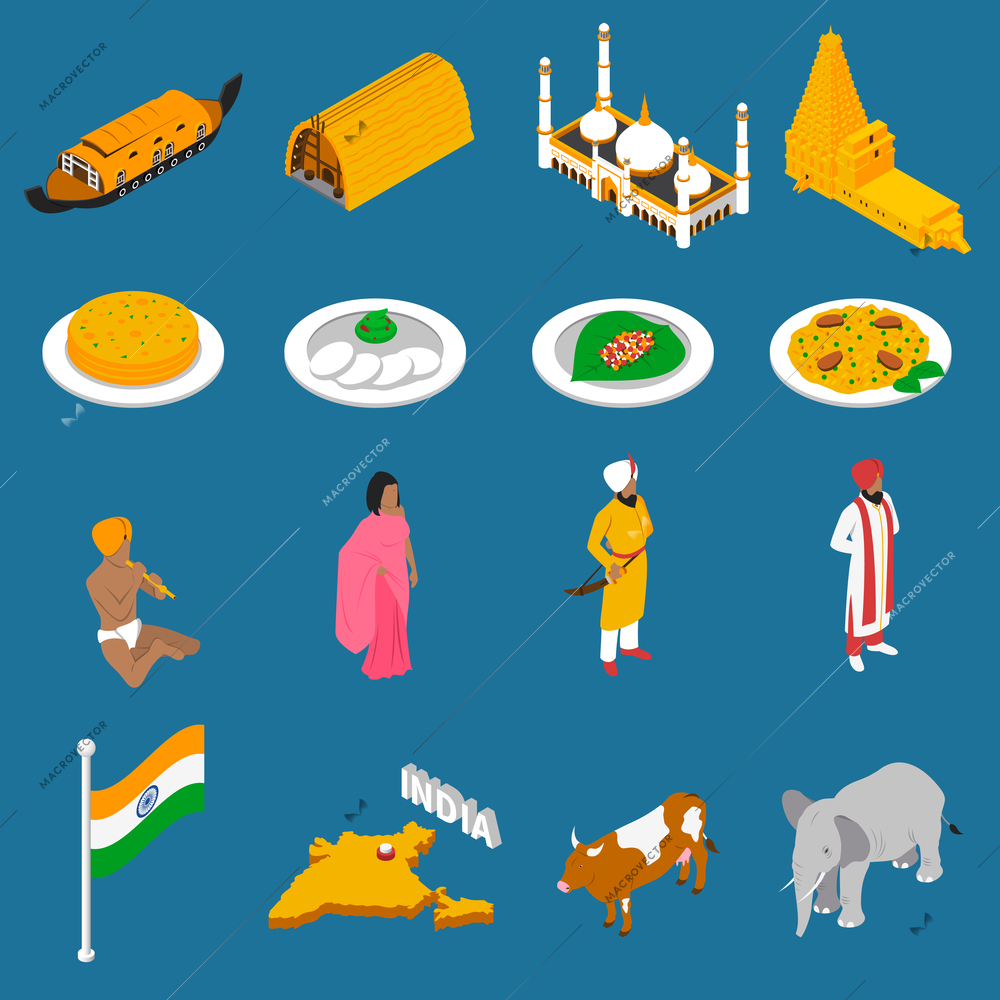 Indian spiritual and cultural symbols folk costumes and spicy cuisine isometric icons collection abstract isolated vector illustration