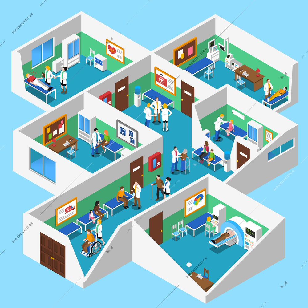 Hospital ground floor interior isometric design with mri facility patients nurses and doctor assistants abstract vector illustration