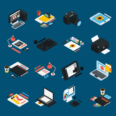 Graphic design isometric icons set with laptop camera printer touch display ink pen artistic tools isolated vector illustration