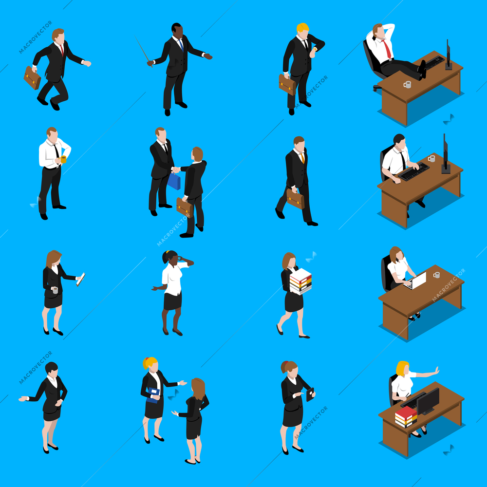 Business people at work isometric icons collection with office manager businessman and secretary abstract vector isolated illustration