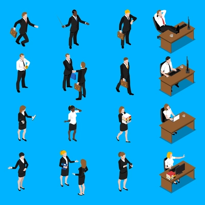 Business people at work isometric icons collection with office manager businessman and secretary abstract vector isolated illustration