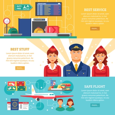 Three horizontal colored airport banner set with titles best service best stuff and safe flight vector illustration