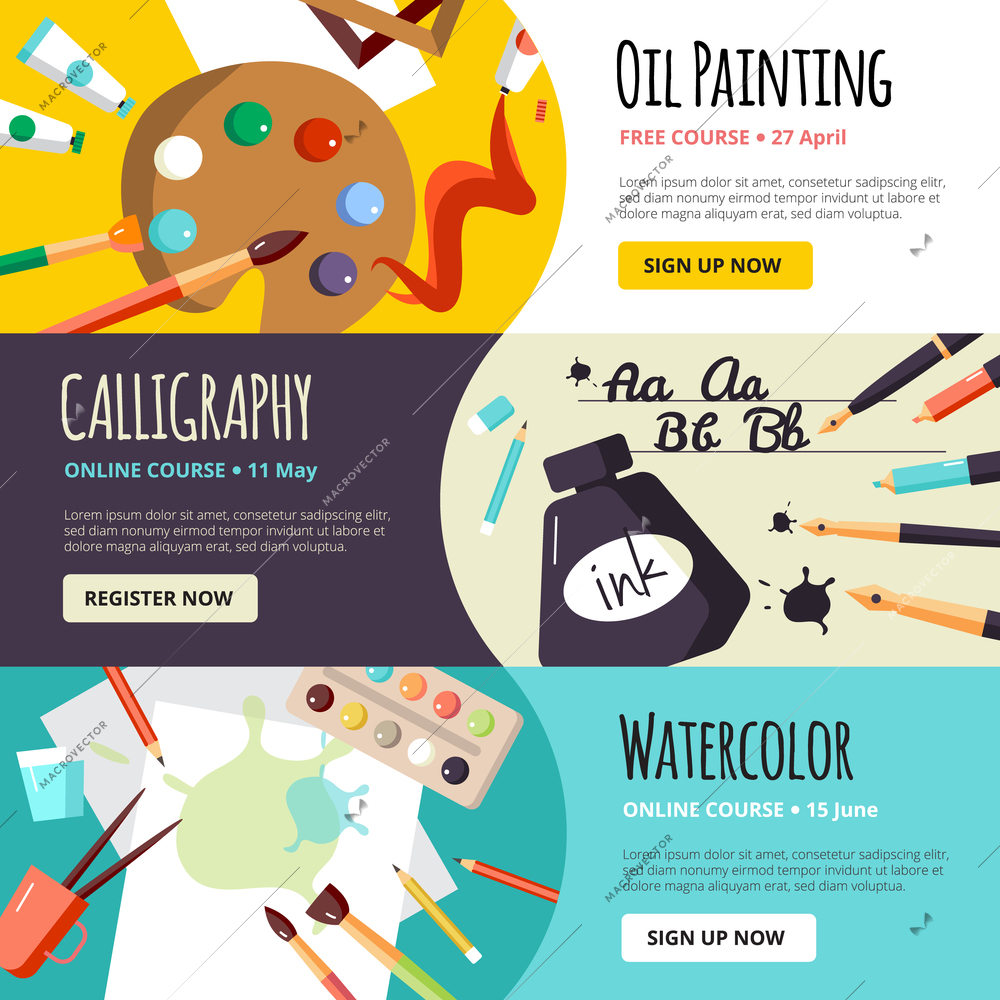 Art and craft lessons banners for oil painting calligraphy and watercolor  vector illustration