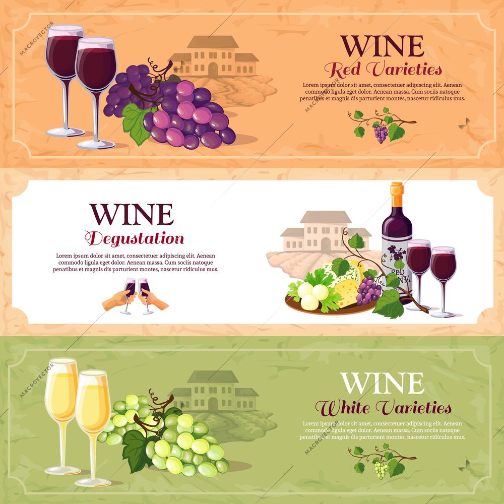 Wine horizontal banners set with red and white varieties and advertising of degustation hall flat vector illustration