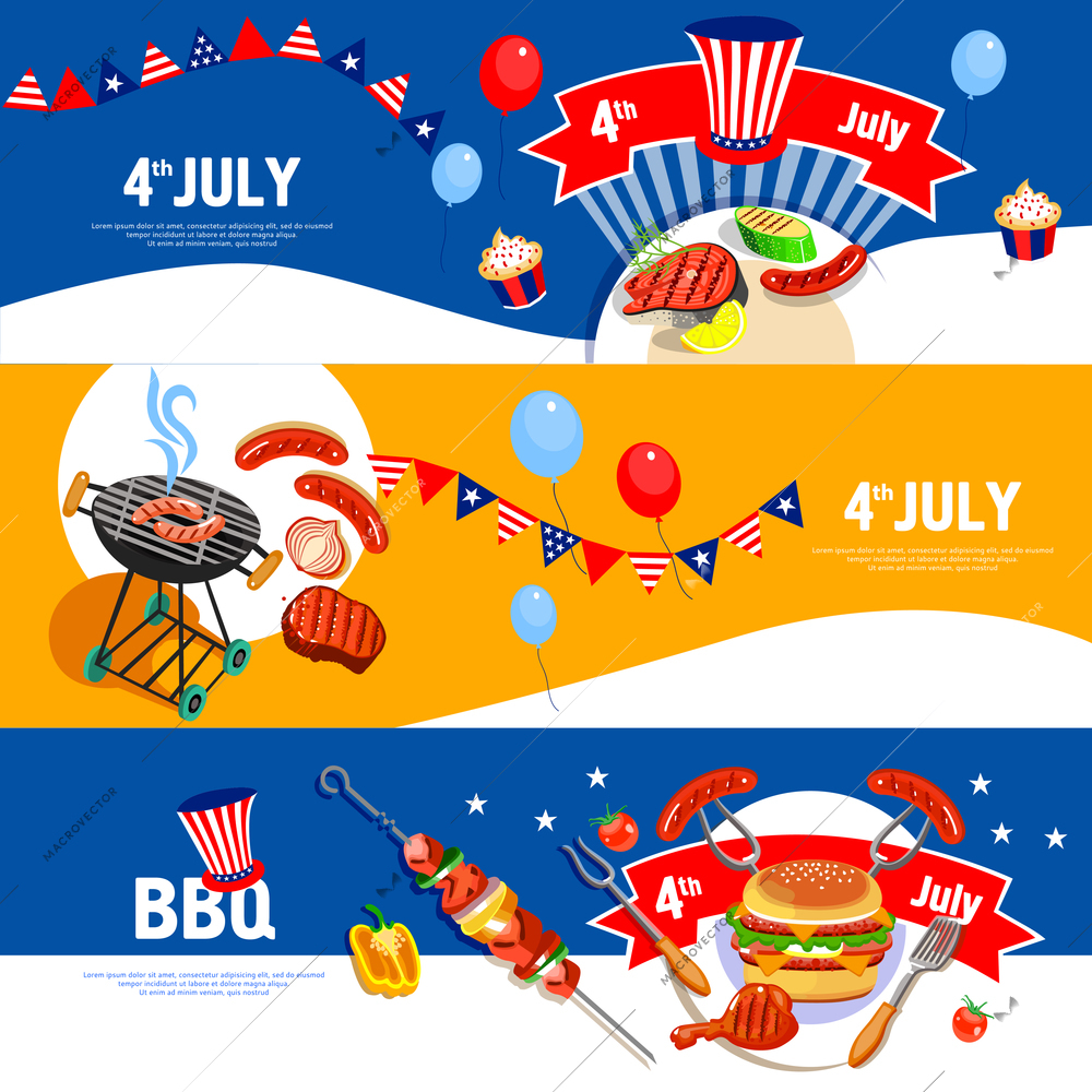 Independence day july fourth celebration bbq party 3 flat colorful horizontal banners set abstract isolated vector illustration