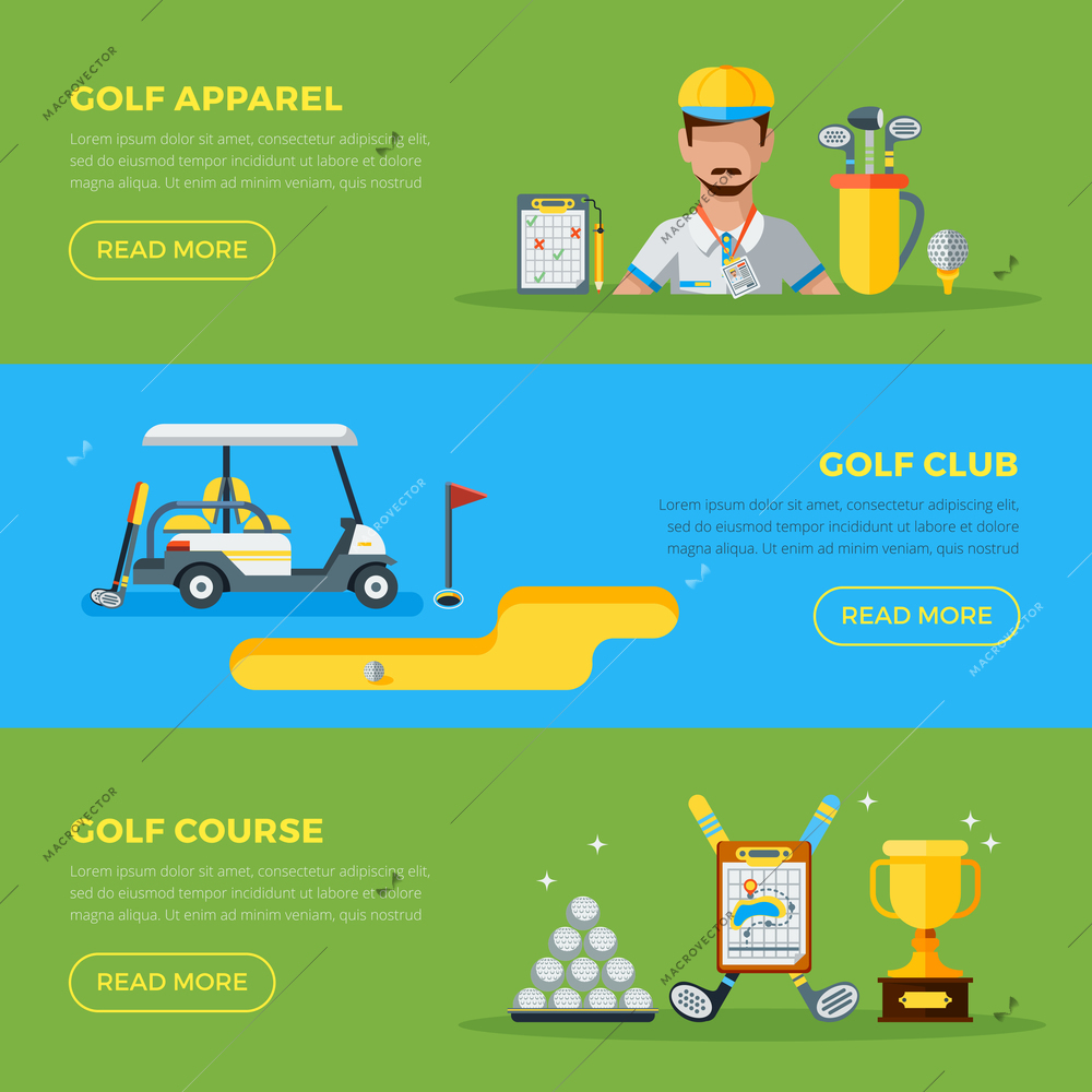 Horizontal green and blue golf club banners with golf car course hole and apparel flat vector illustration