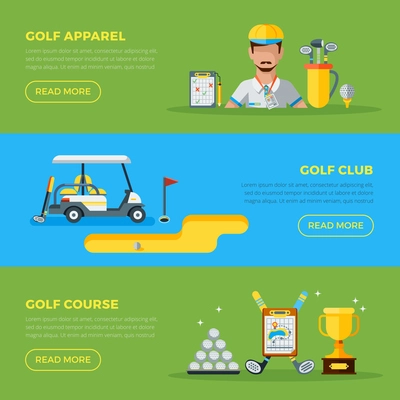 Horizontal green and blue golf club banners with golf car course hole and apparel flat vector illustration