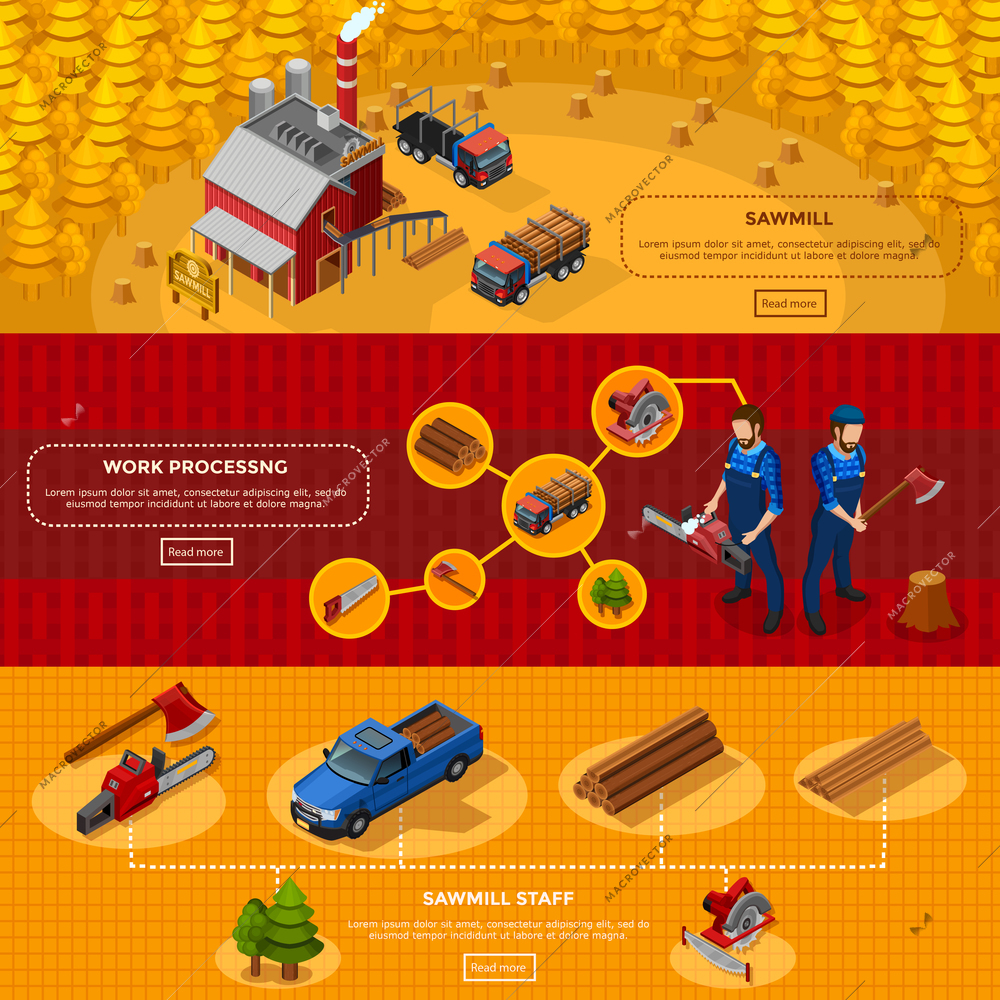 Lumberjack isometric horizontal banners set of sawmill composition with trucks and advertising of tools for work processing flat vector illustration