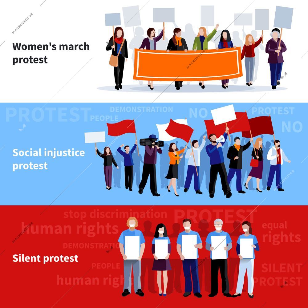 Demonstration womens march social injustice and silent protest people with megaphones placards and flags flat banners isolated vector illustration