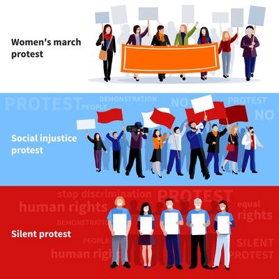 Demonstration womens march social injustice and silent protest people with megaphones placards and flags flat banners isolated vector illustration