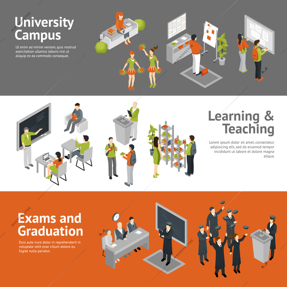 Horizontal college university isometric banners depicting process of learning teaching passing exams and life in campus isolated vector illustration