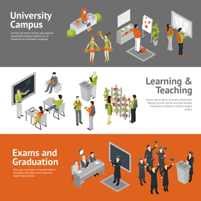 Horizontal college university isometric banners depicting process of learning teaching passing exams and life in campus isolated vector illustration