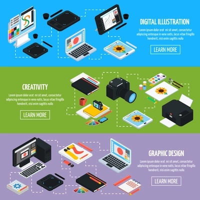 Graphic design isometric horizontal banners with instruments for creativity and equipment  for digital imaging flat vector illustration