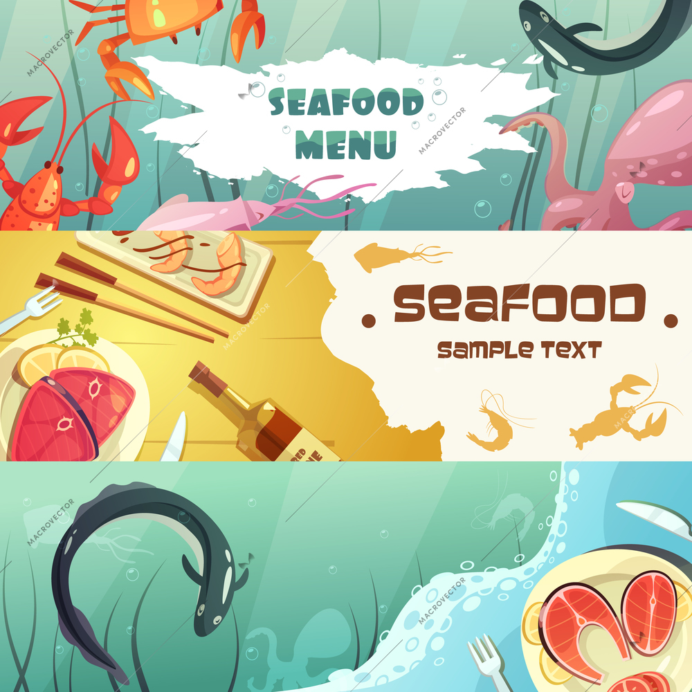Color horizontal banners seafood menu with title depicting sea inhabitants and seafood meal vector illustration