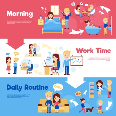 Scenes of people in daily life morning work time and daily routine cartoon style horizontal banners vector illustration