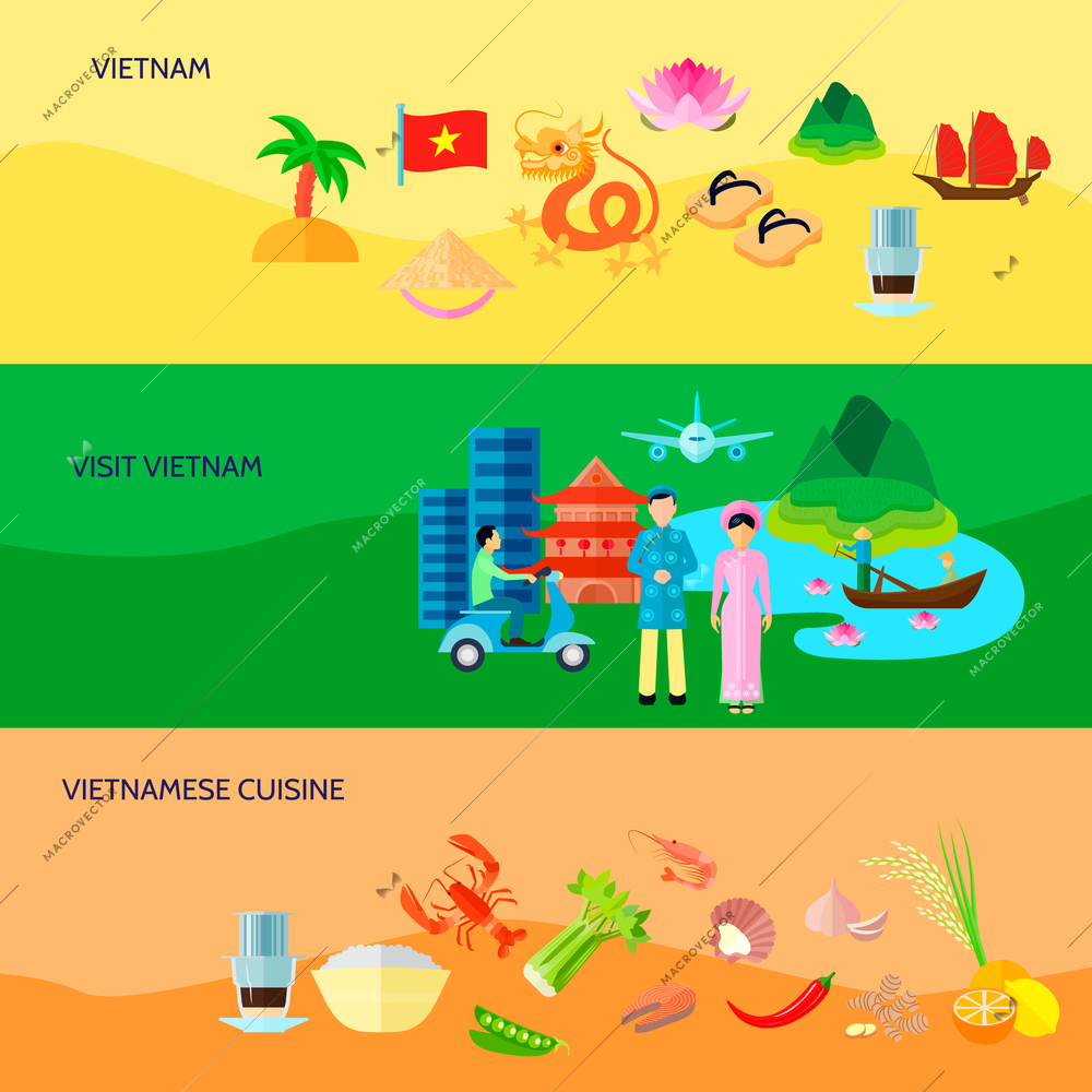 Vietnamese national symbols cuisine and sightseeing for tourists 3 flat horizontal banners set abstract isolated vector illustration