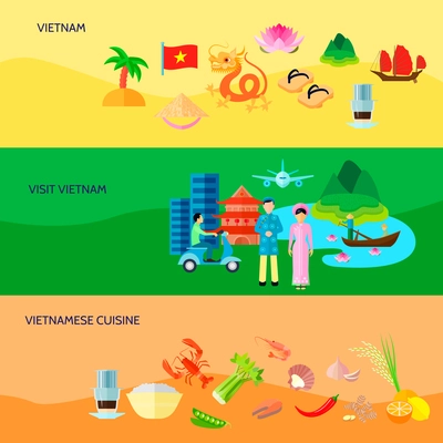 Vietnamese national symbols cuisine and sightseeing for tourists 3 flat horizontal banners set abstract isolated vector illustration