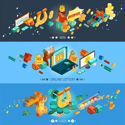 Lottery horizontal isometric banners set with win and luck symbols isolated vector illustration