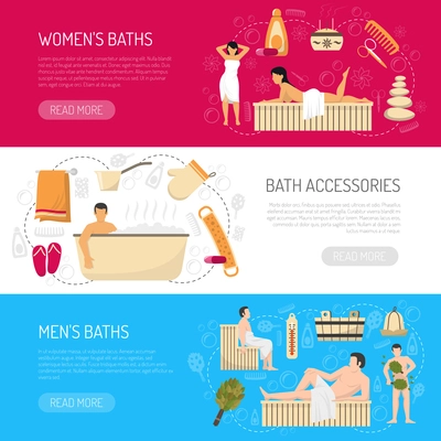 Public bath house sauna website page 3 horizontal banners with accessories and information abstract isolated vector illustration