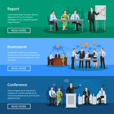 Flat horizontal banners with vector illustration of group of people having conference and meeting for business collaboration and discussion process