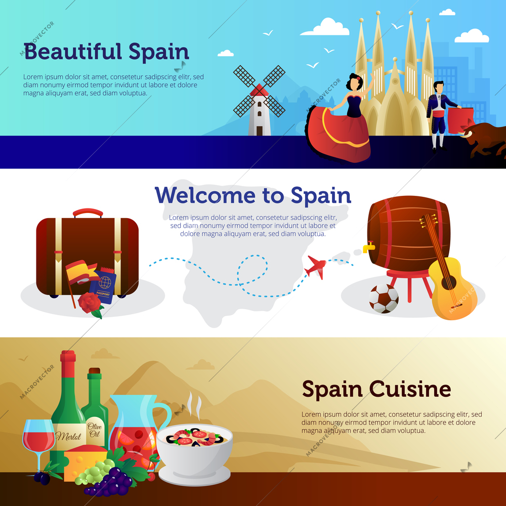 Welcome to spain informative colorful horizontal banners set for travelers with national food and landmarks vector illustration