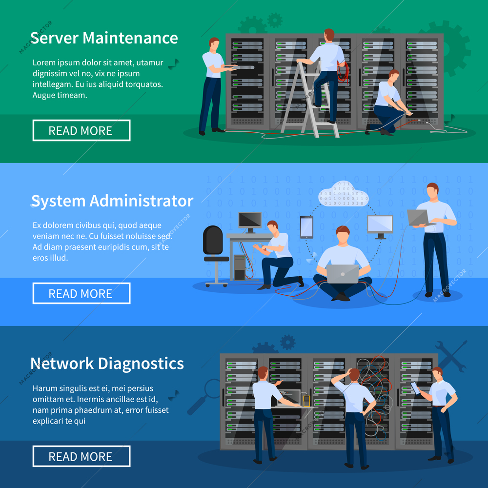 IT administrator horizontal banners with network engineers working in server room for hardware diagnostic flat vector illustration