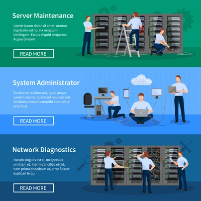 IT administrator horizontal banners with network engineers working in server room for hardware diagnostic flat vector illustration