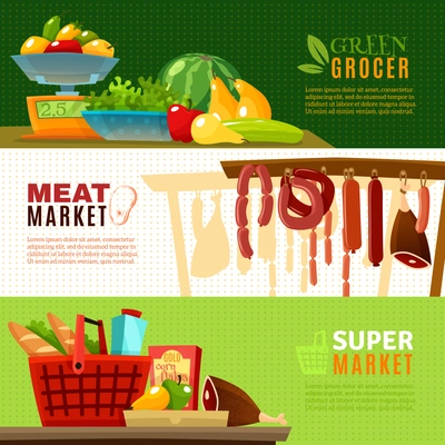 Market horizontal banners set with greengrocery and supermarket cartoon isolated vector illustration