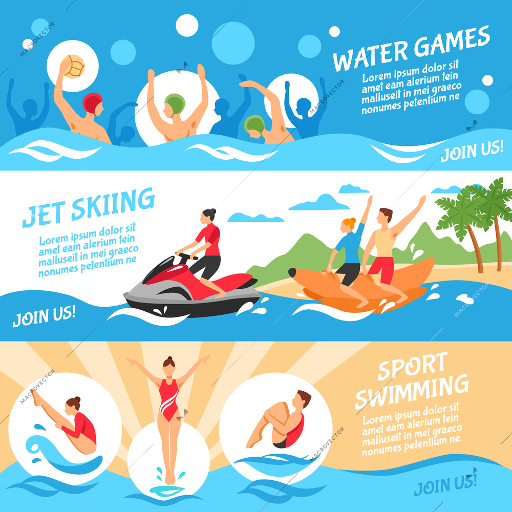 Water Sport Flat Concept. Water Sport Horizontal Banners. Water Sport Vector Illustration. Water Sport Isolated Set. Water Sport Design Symbols.