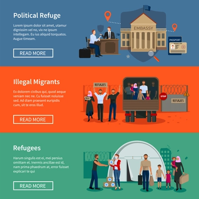 Stateless refugees flat horizontal banners set with illegal muslim migrants escaped from war and political migrants seeking asylum vector illustration