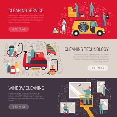 Industrial facilities cleaning services information on technology and equipment 3 flat horizontal banners abstract isolated vector illustration