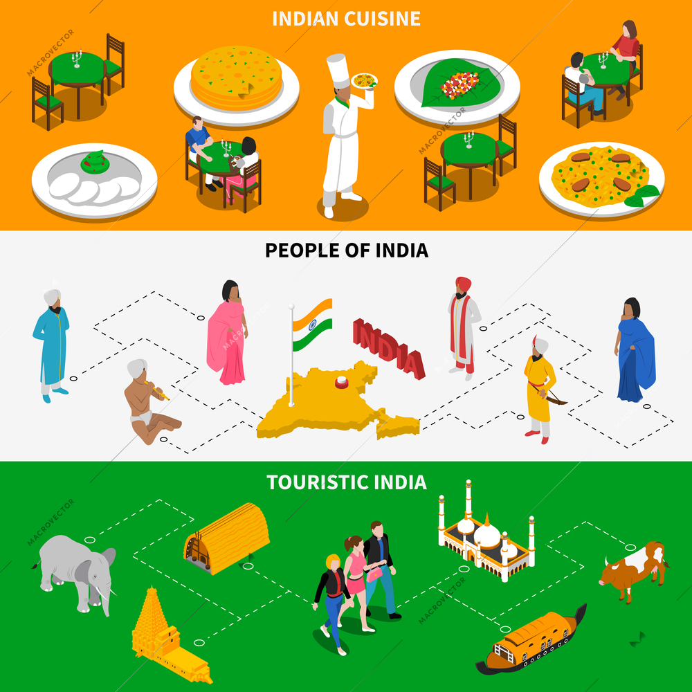India for tourists 3 isometric tricolor banners with national cuisine dishes and attractions abstract isolated vector illustration