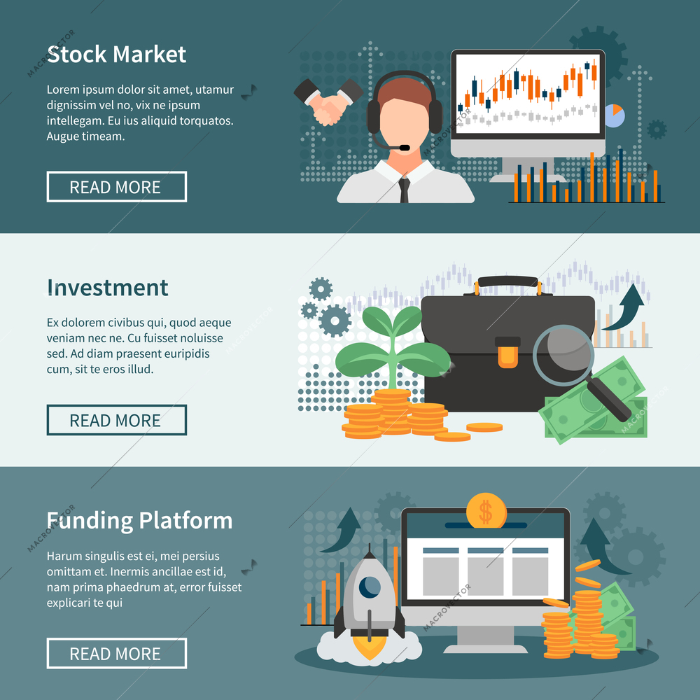 Investment and trading horizontal banners set with stock market funding platform and financial management design compositions flat vector illustration