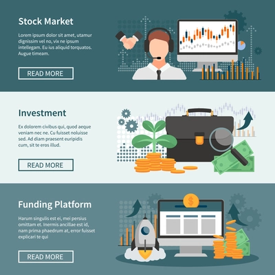 Investment and trading horizontal banners set with stock market funding platform and financial management design compositions flat vector illustration