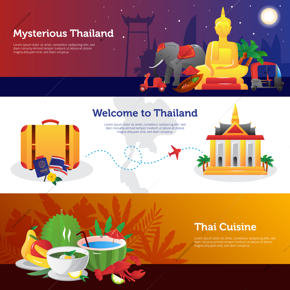 THailand for travelers webpage design with information on transportation thai cuisine and sightseeing abstract isolated vector illustration