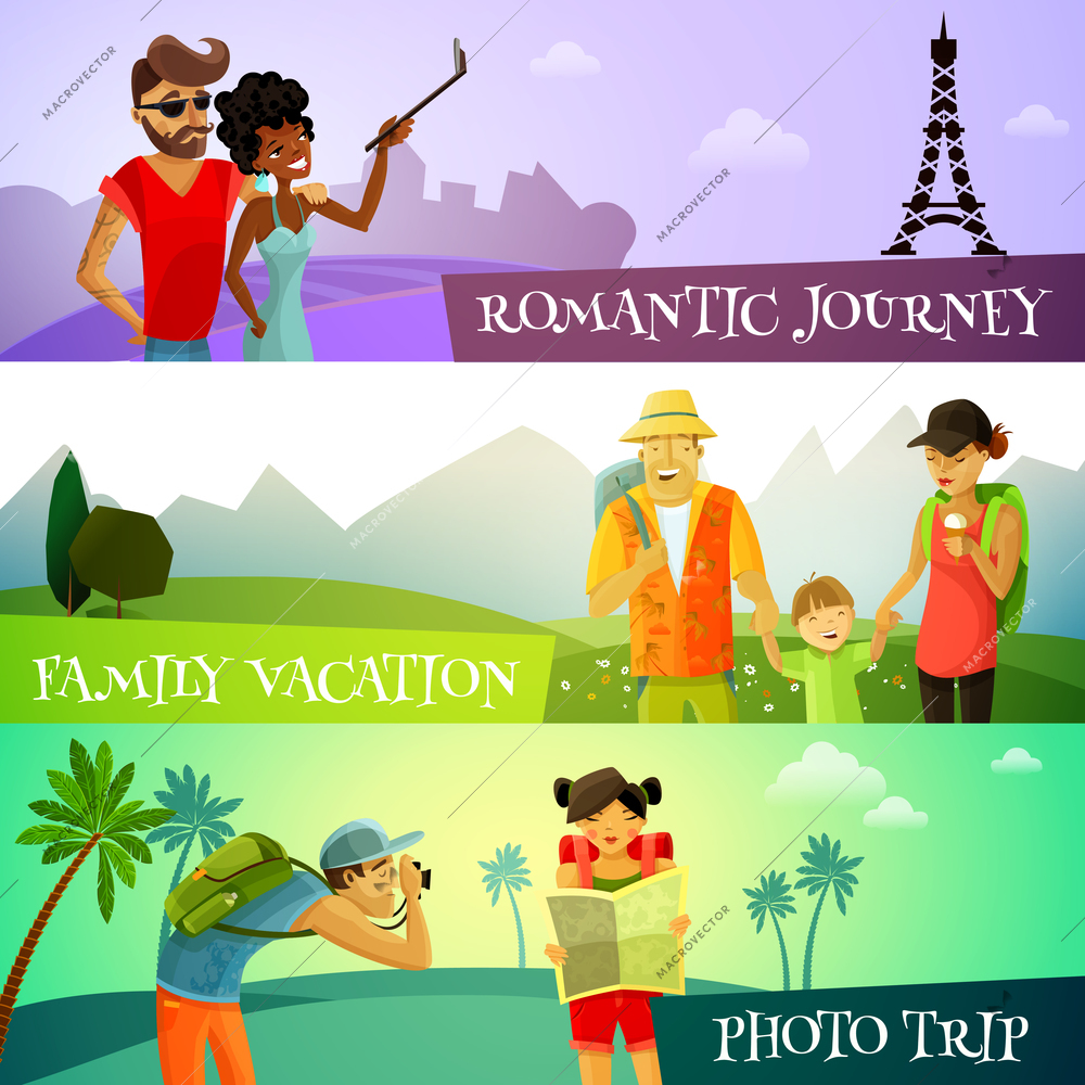 Traveling horizontal cartoon banners set with photo trip and family vacation symbols isolated vector illustration