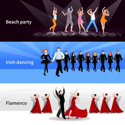 Horizontal dancing on stage and at beach party people on colorful backgrounds flat isolated vector illustration
