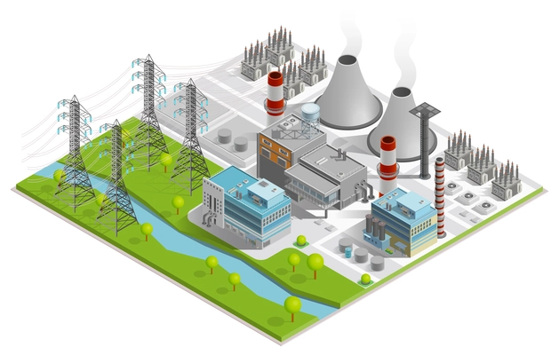 Vector illustration of thermal power station  for production of electrical energy with chimneys industrial buildings and power line supports isometric concept