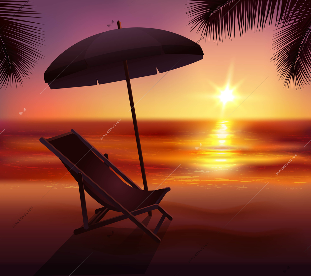 Sunset lounge and umbrella on beach in tropics background cartoon vector illustration