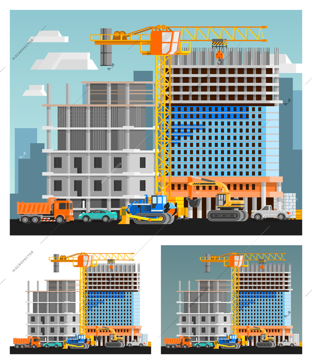 Block of flats construction and city orthogonal compositions set flat isolated vector illustration
