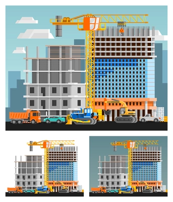 Block of flats construction and city orthogonal compositions set flat isolated vector illustration