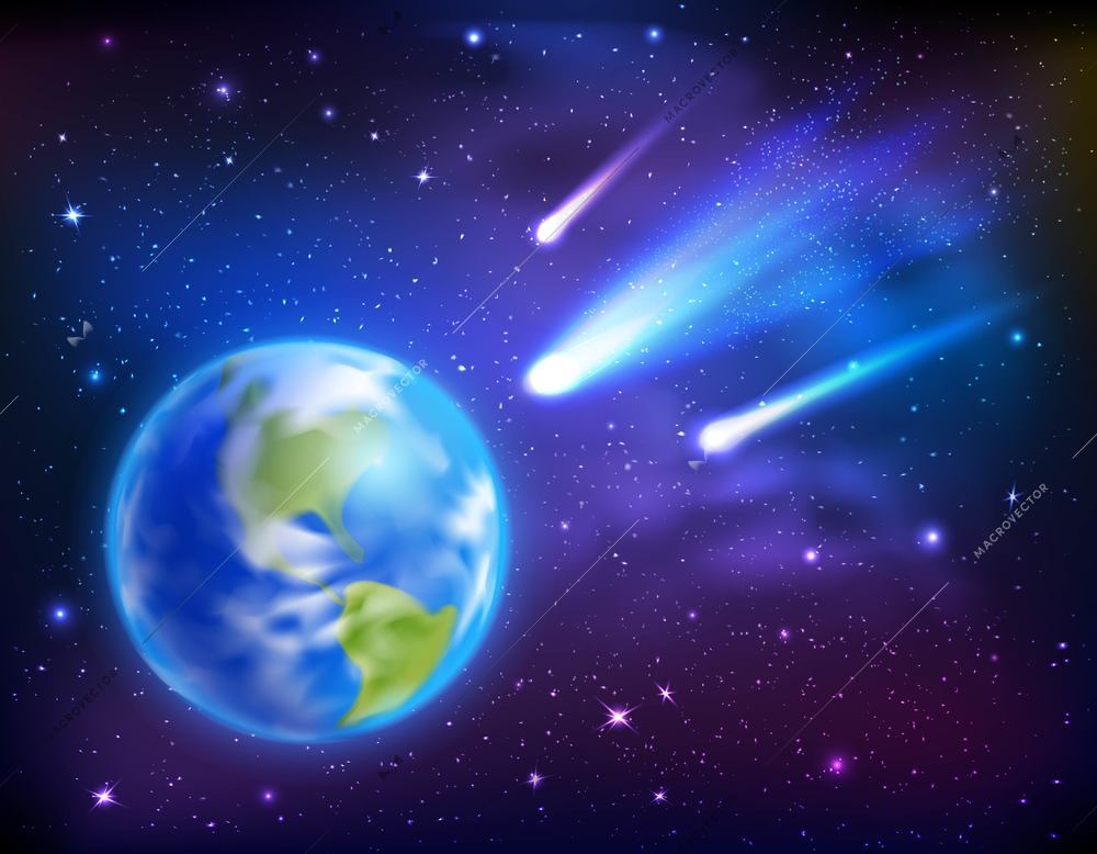 Bright comets coming to earth on dark starry sky background cartoon vector illustration