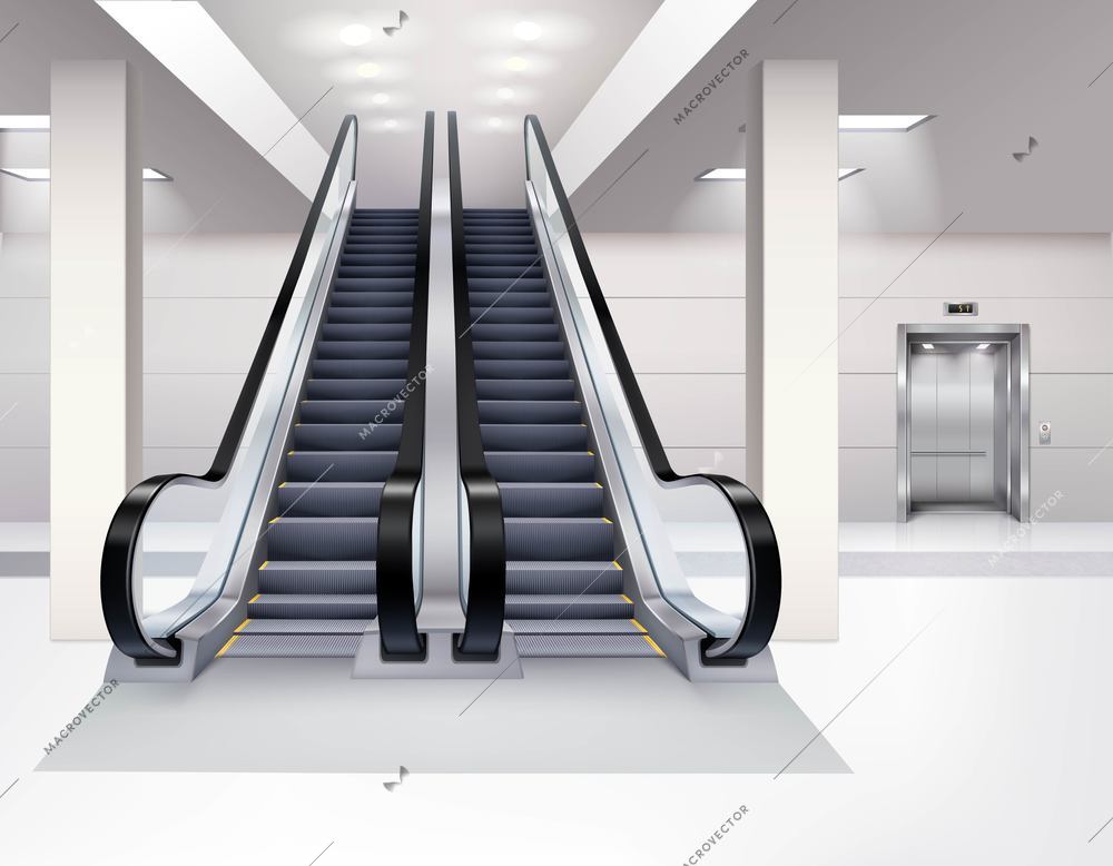 Up and down escalator inside building with lift interior realistic concept vector illustration