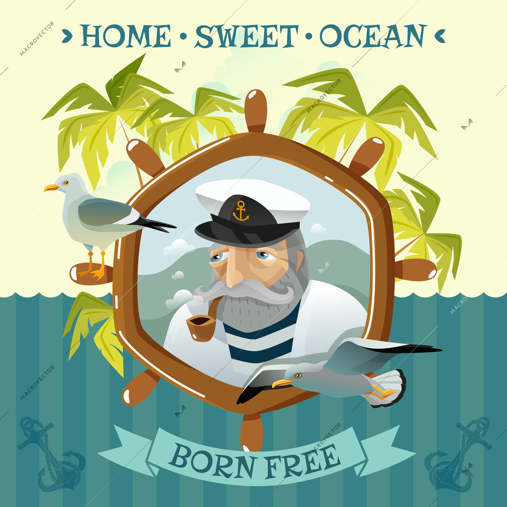 Nautical poster with old sailor smoking pipe helm sea and palm trees on uninhabited island flat vector illustration