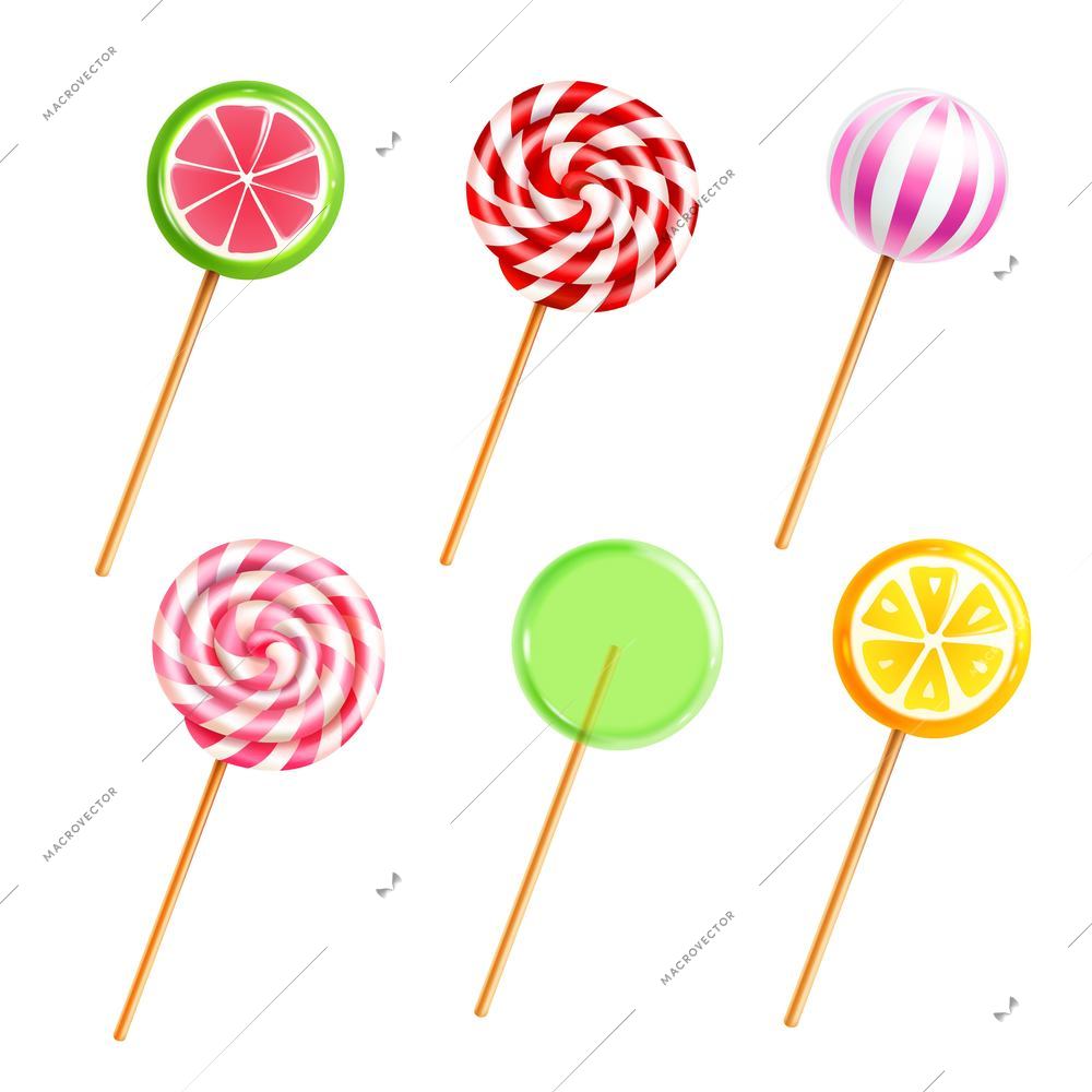 Colorful sweets lollipops and candies with different designs on sticks on white background realistic icons set isolated vector illustration