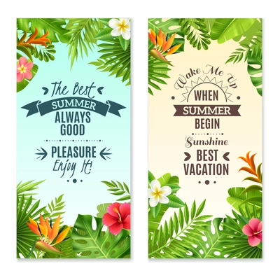 Summer vacation in tropical rainforest 2 vertical banners with hibiscus and bird paradise plants flowers isolated vector illustration