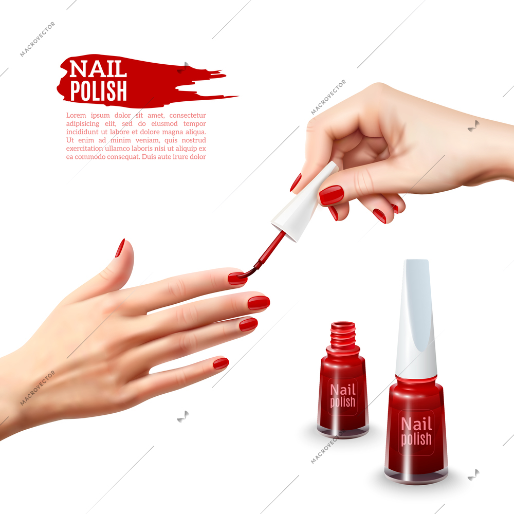 Perfect manicure tips realistic poster showing beautiful young lady hands with red polished nails abstract vector illustration