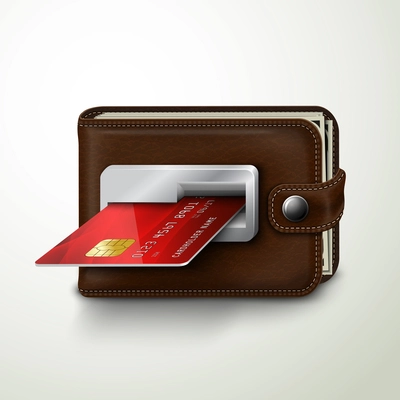 Classic modern brown wallet with leather texture as an atm bank machine slot with credit card concept isolated vector illustration