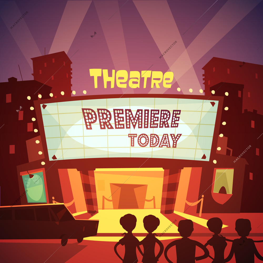 Color cartoon illustration depicting entrance in theatre building to premiere show vector illustration